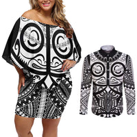 Marquesas Islands Couples Matching Off Shoulder Short Dress and Long Sleeve Button Shirt Marquesan Tattoo Black White Color LT14 Black - Polynesian Pride