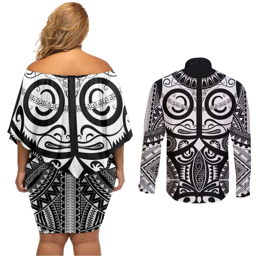 Marquesas Islands Couples Matching Off Shoulder Short Dress and Long Sleeve Button Shirt Marquesan Tattoo Black White Color LT14 - Polynesian Pride