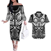 Marquesas Islands Couples Matching Off The Shoulder Long Sleeve Dress and Hawaiian Shirt Marquesan Tattoo Black White Color LT14 Black - Polynesian Pride