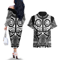 Marquesas Islands Couples Matching Off The Shoulder Long Sleeve Dress and Hawaiian Shirt Marquesan Tattoo Black White Color LT14 - Polynesian Pride