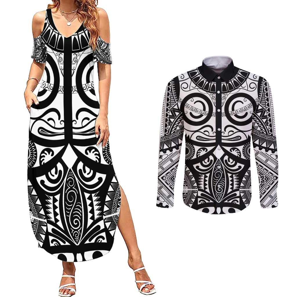 Marquesas Islands Couples Matching Summer Maxi Dress and Long Sleeve Button Shirt Marquesan Tattoo Black White Color - Polynesian Pride