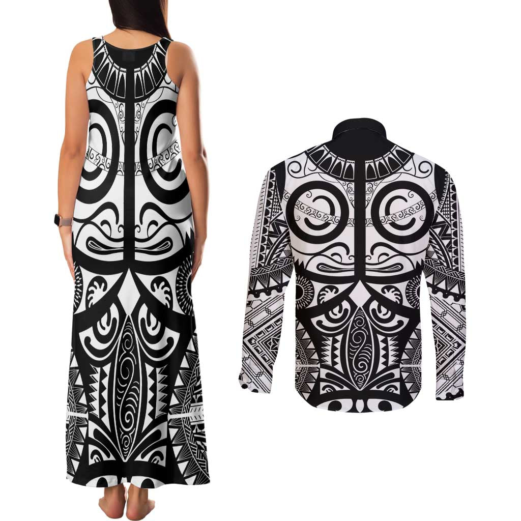 Marquesas Islands Couples Matching Tank Maxi Dress and Long Sleeve Button Shirt Marquesan Tattoo Black White Color LT14 - Polynesian Pride