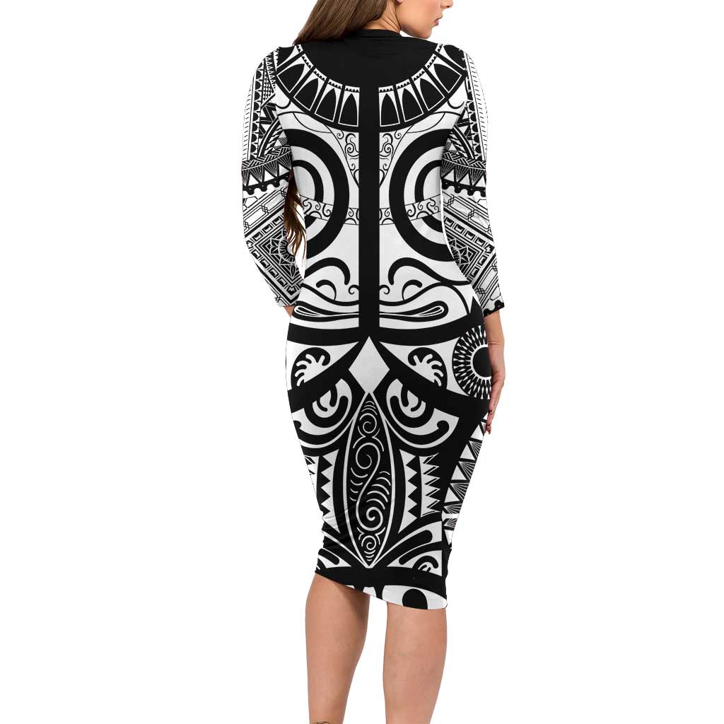 Marquesas Islands Family Matching Long Sleeve Bodycon Dress and Hawaiian Shirt Marquesan Tattoo Black White Color LT14 - Polynesian Pride
