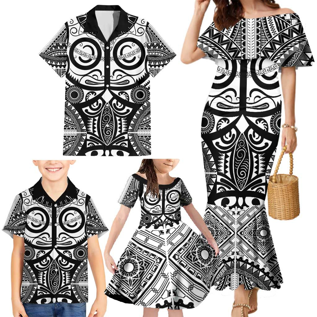 Marquesas Islands Family Matching Mermaid Dress and Hawaiian Shirt Marquesan Tattoo Black White Color LT14 - Polynesian Pride