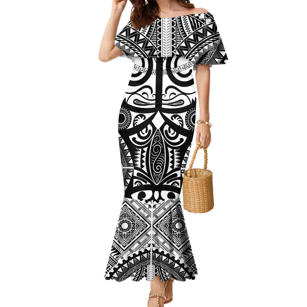 Marquesas Islands Family Matching Mermaid Dress and Hawaiian Shirt Marquesan Tattoo Black White Color LT14 Mom's Dress Black - Polynesian Pride