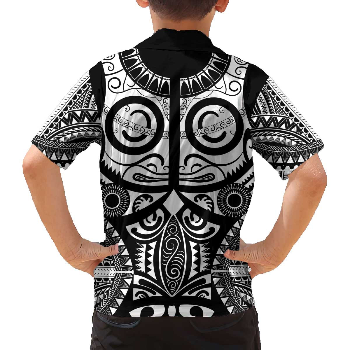 Marquesas Islands Family Matching Off The Shoulder Long Sleeve Dress and Hawaiian Shirt Marquesan Tattoo Black White Color LT14 - Polynesian Pride