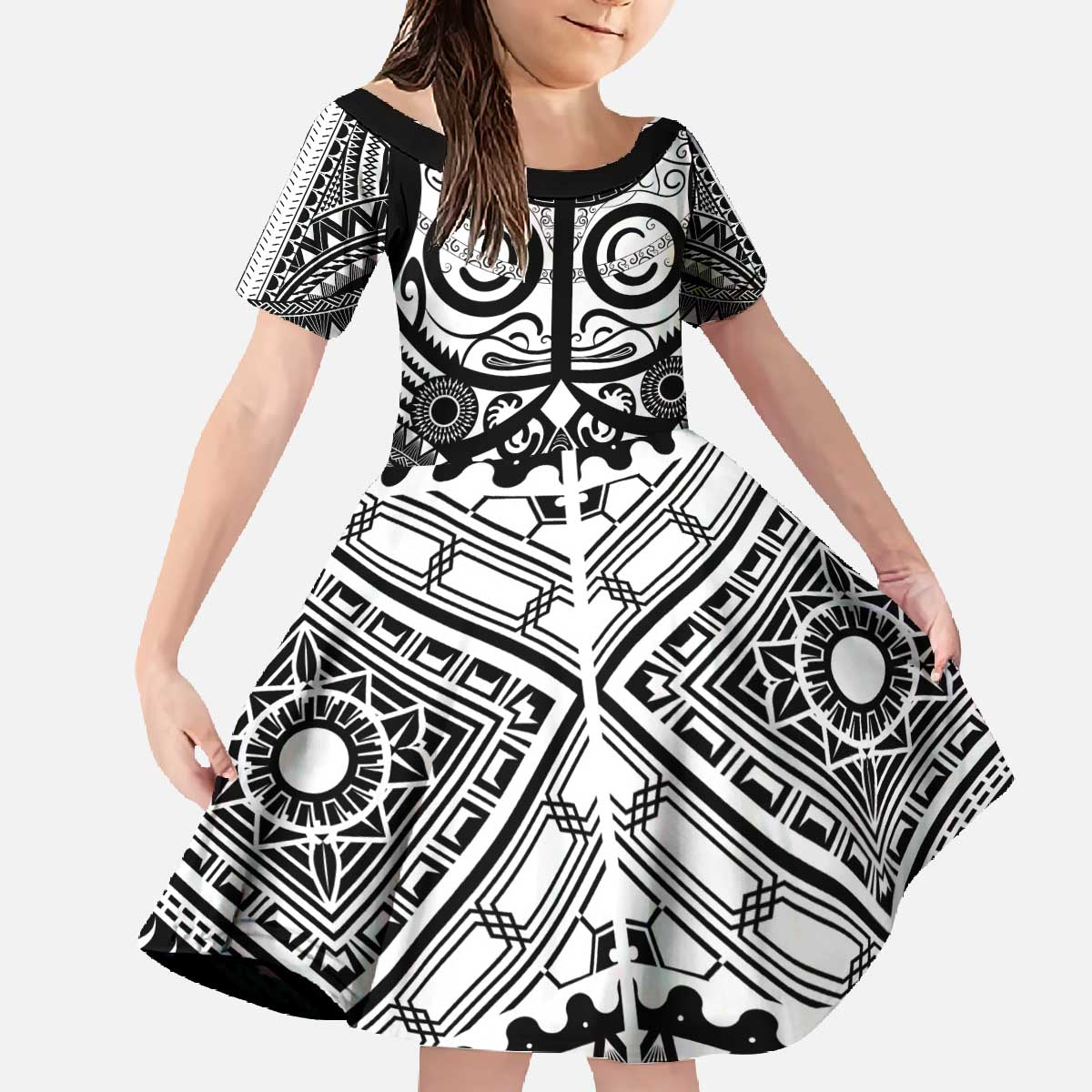 Marquesas Islands Family Matching Off The Shoulder Long Sleeve Dress and Hawaiian Shirt Marquesan Tattoo Black White Color LT14 Daughter's Dress Black - Polynesian Pride