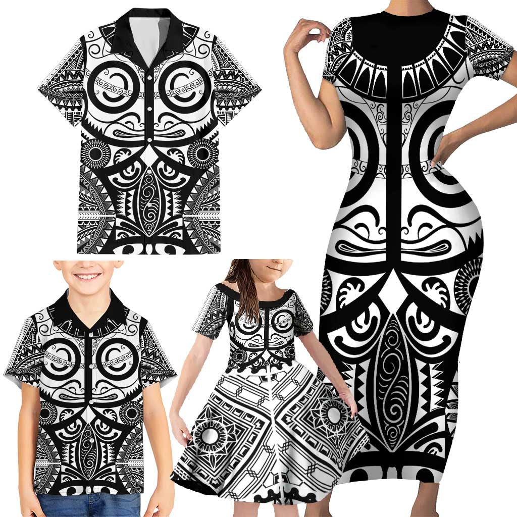 Marquesas Islands Family Matching Short Sleeve Bodycon Dress and Hawaiian Shirt Marquesan Tattoo Black White Color LT14 - Polynesian Pride