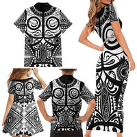 Marquesas Islands Family Matching Short Sleeve Bodycon Dress and Hawaiian Shirt Marquesan Tattoo Black White Color LT14 - Polynesian Pride