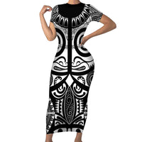 Marquesas Islands Family Matching Short Sleeve Bodycon Dress and Hawaiian Shirt Marquesan Tattoo Black White Color LT14 Mom's Dress Black - Polynesian Pride