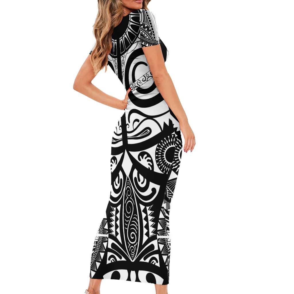 Marquesas Islands Family Matching Short Sleeve Bodycon Dress and Hawaiian Shirt Marquesan Tattoo Black White Color LT14 - Polynesian Pride
