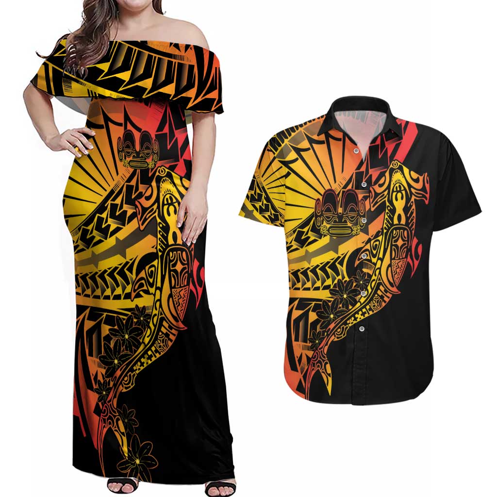 Gradient Marquesas Islands Couples Matching Off Shoulder Maxi Dress and Hawaiian Shirt Marquesan Matatiki Hammerhead Shark Patutiki LT14 Yellow - Polynesian Pride