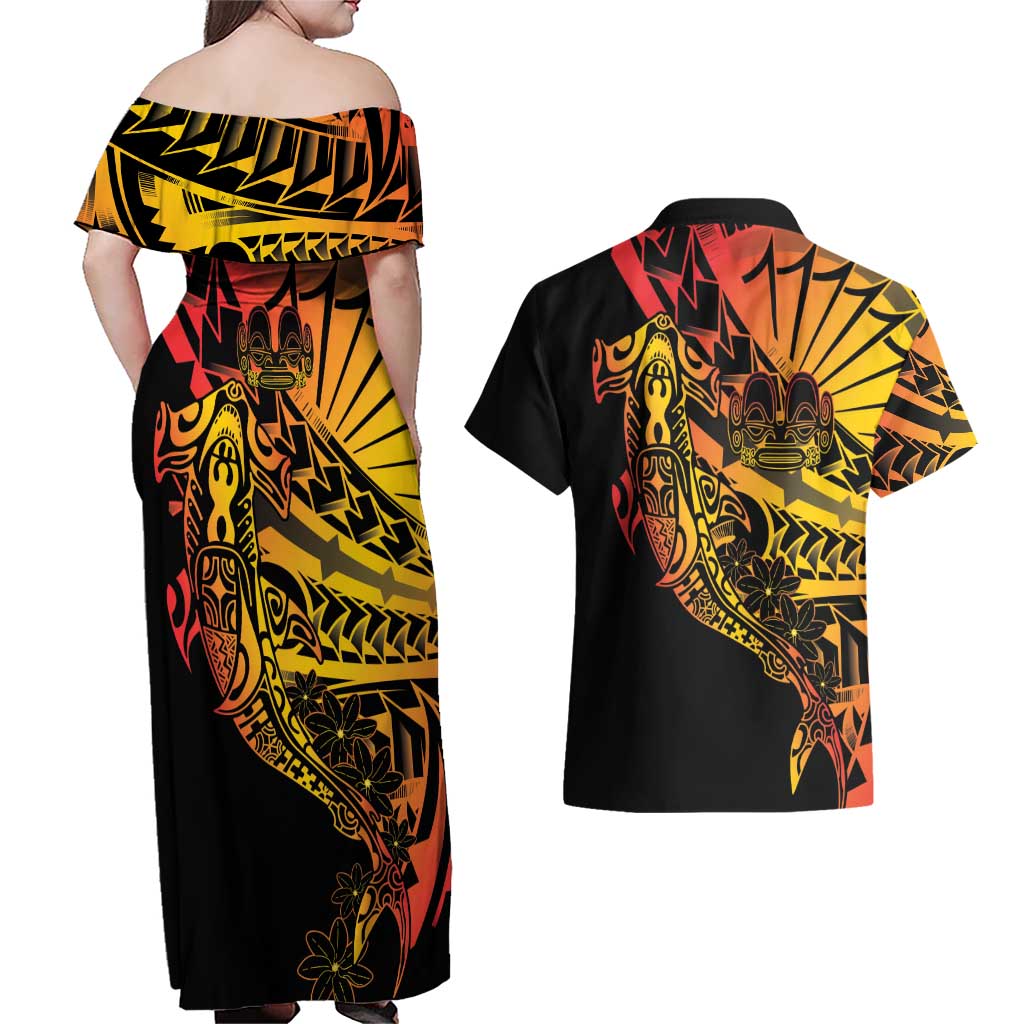 Gradient Marquesas Islands Couples Matching Off Shoulder Maxi Dress and Hawaiian Shirt Marquesan Matatiki Hammerhead Shark Patutiki LT14 - Polynesian Pride