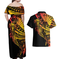 Gradient Marquesas Islands Couples Matching Off Shoulder Maxi Dress and Hawaiian Shirt Marquesan Matatiki Hammerhead Shark Patutiki LT14 - Polynesian Pride