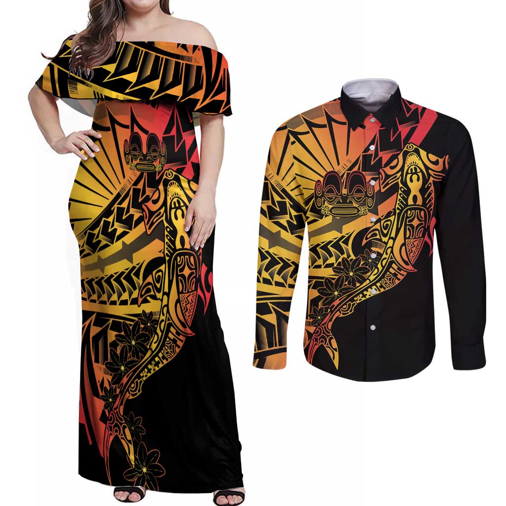 Gradient Marquesas Islands Couples Matching Off Shoulder Maxi Dress and Long Sleeve Button Shirt Marquesan Matatiki Hammerhead Shark Patutiki LT14 Yellow - Polynesian Pride