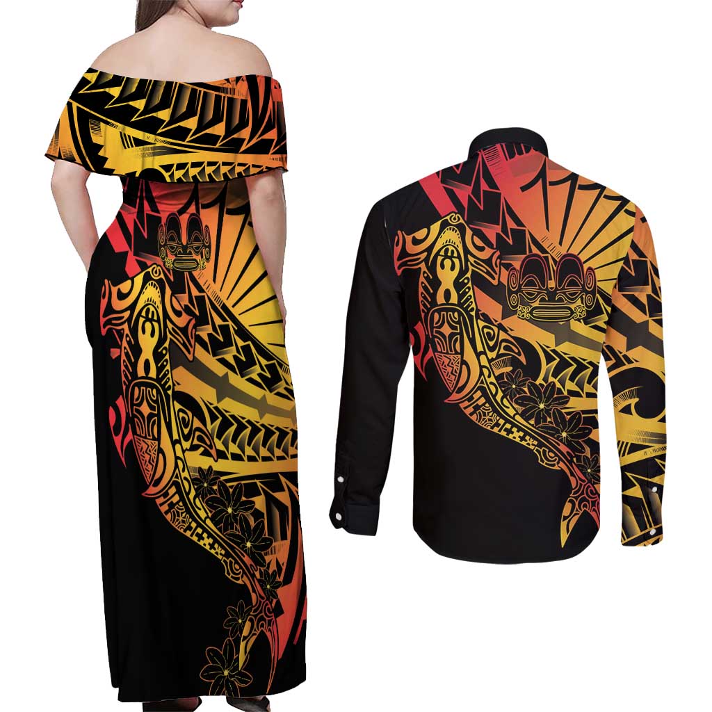 Gradient Marquesas Islands Couples Matching Off Shoulder Maxi Dress and Long Sleeve Button Shirt Marquesan Matatiki Hammerhead Shark Patutiki LT14 - Polynesian Pride