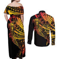 Gradient Marquesas Islands Couples Matching Off Shoulder Maxi Dress and Long Sleeve Button Shirt Marquesan Matatiki Hammerhead Shark Patutiki LT14 - Polynesian Pride