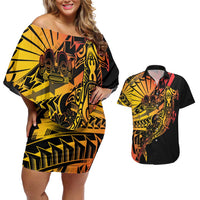 Gradient Marquesas Islands Couples Matching Off Shoulder Short Dress and Hawaiian Shirt Marquesan Matatiki Hammerhead Shark Patutiki LT14 Yellow - Polynesian Pride