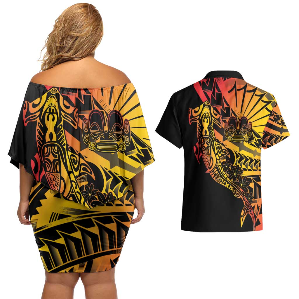 Gradient Marquesas Islands Couples Matching Off Shoulder Short Dress and Hawaiian Shirt Marquesan Matatiki Hammerhead Shark Patutiki LT14 - Polynesian Pride
