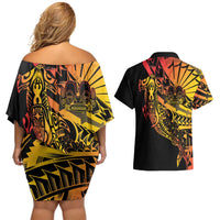 Gradient Marquesas Islands Couples Matching Off Shoulder Short Dress and Hawaiian Shirt Marquesan Matatiki Hammerhead Shark Patutiki LT14 - Polynesian Pride