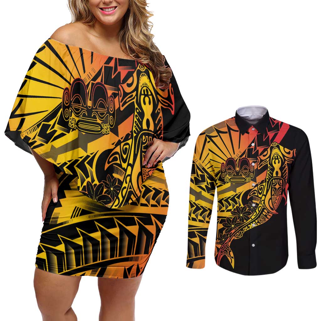 Gradient Marquesas Islands Couples Matching Off Shoulder Short Dress and Long Sleeve Button Shirt Marquesan Matatiki Hammerhead Shark Patutiki LT14 Yellow - Polynesian Pride
