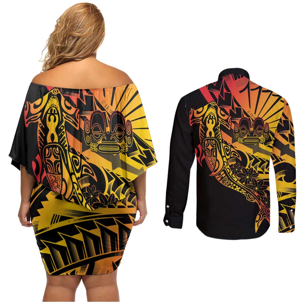 Gradient Marquesas Islands Couples Matching Off Shoulder Short Dress and Long Sleeve Button Shirt Marquesan Matatiki Hammerhead Shark Patutiki LT14 - Polynesian Pride