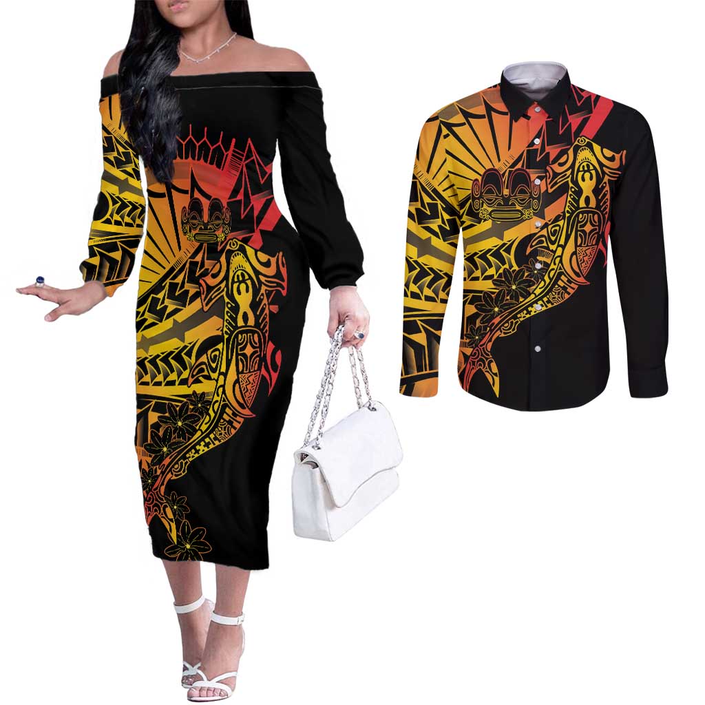 Gradient Marquesas Islands Couples Matching Off The Shoulder Long Sleeve Dress and Long Sleeve Button Shirt Marquesan Matatiki Hammerhead Shark Patutiki - Polynesian Pride