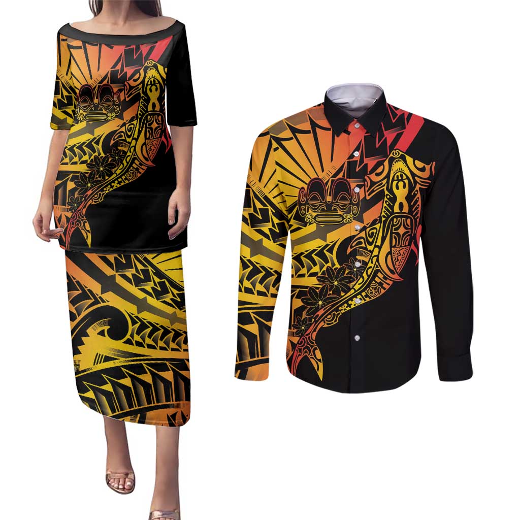 Gradient Marquesas Islands Couples Matching Puletasi and Long Sleeve Button Shirt Marquesan Matatiki Hammerhead Shark Patutiki - Polynesian Pride