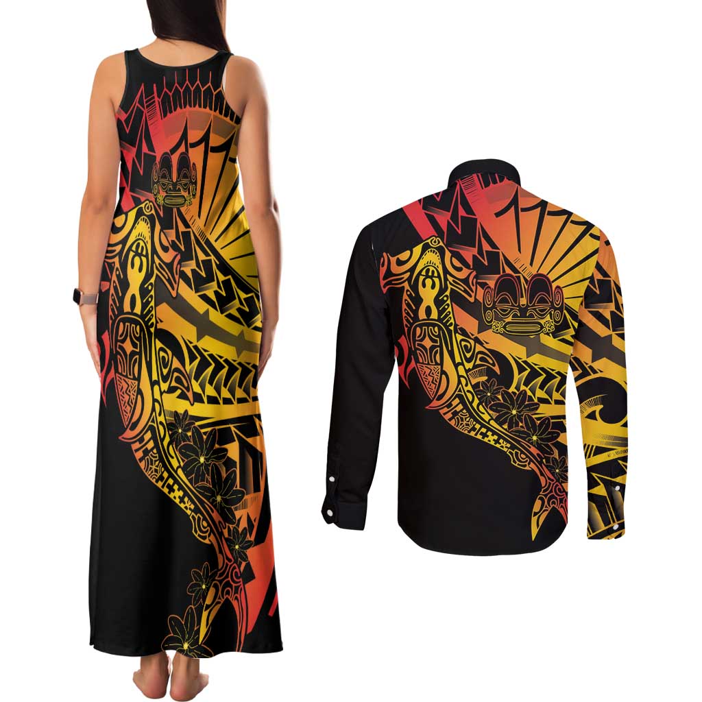 Gradient Marquesas Islands Couples Matching Tank Maxi Dress and Long Sleeve Button Shirt Marquesan Matatiki Hammerhead Shark Patutiki LT14 - Polynesian Pride