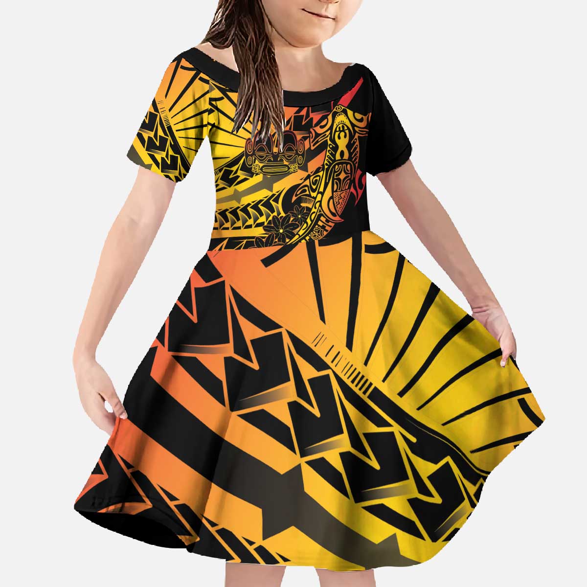 Gradient Marquesas Islands Family Matching Off The Shoulder Long Sleeve Dress and Hawaiian Shirt Marquesan Matatiki Hammerhead Shark Patutiki LT14 Daughter's Dress Yellow - Polynesian Pride