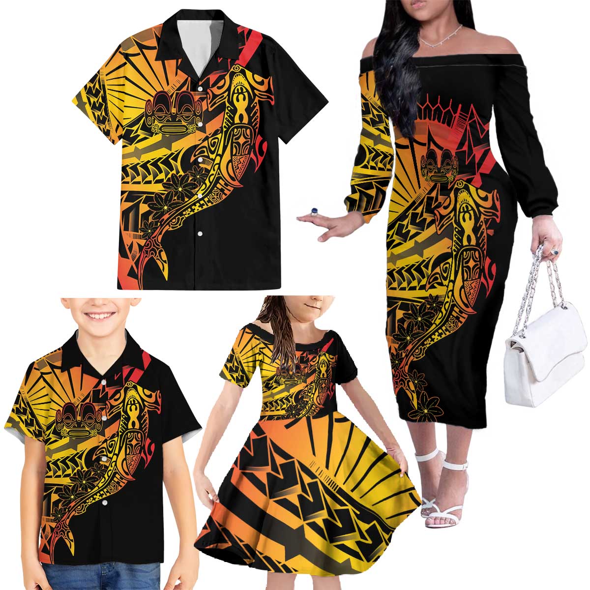 Gradient Marquesas Islands Family Matching Off The Shoulder Long Sleeve Dress and Hawaiian Shirt Marquesan Matatiki Hammerhead Shark Patutiki LT14 - Polynesian Pride