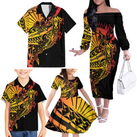 Gradient Marquesas Islands Family Matching Off The Shoulder Long Sleeve Dress and Hawaiian Shirt Marquesan Matatiki Hammerhead Shark Patutiki LT14 - Polynesian Pride