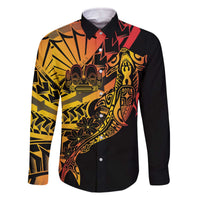 Gradient Marquesas Islands Family Matching Off The Shoulder Long Sleeve Dress and Hawaiian Shirt Marquesan Matatiki Hammerhead Shark Patutiki LT14 Dad's Shirt - Long Sleeve Yellow - Polynesian Pride
