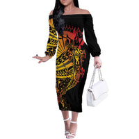 Gradient Marquesas Islands Family Matching Off The Shoulder Long Sleeve Dress and Hawaiian Shirt Marquesan Matatiki Hammerhead Shark Patutiki LT14 Mom's Dress Yellow - Polynesian Pride
