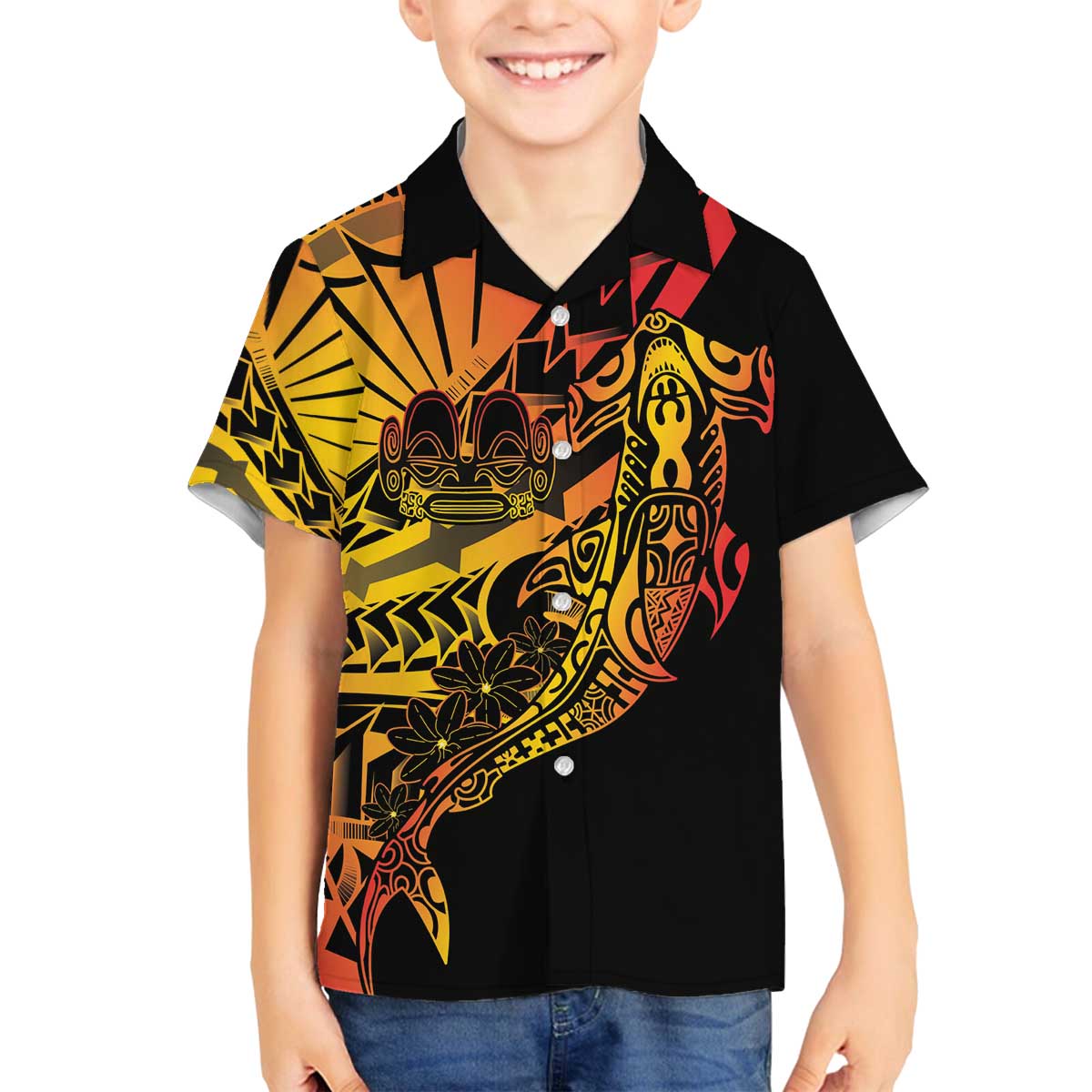 Gradient Marquesas Islands Family Matching Off The Shoulder Long Sleeve Dress and Hawaiian Shirt Marquesan Matatiki Hammerhead Shark Patutiki LT14 Son's Shirt Yellow - Polynesian Pride