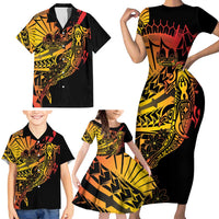 Gradient Marquesas Islands Family Matching Short Sleeve Bodycon Dress and Hawaiian Shirt Marquesan Matatiki Hammerhead Shark Patutiki LT14 - Polynesian Pride