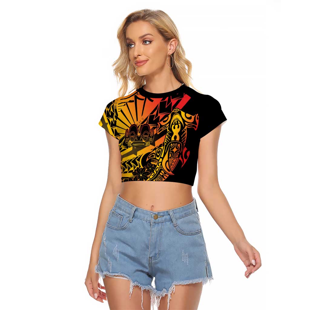 Gradient Marquesas Islands Raglan Cropped T Shirt Marquesan Matatiki Hammerhead Shark Patutiki - Polynesian Pride