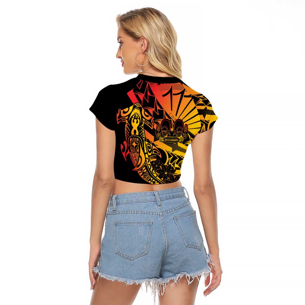 Gradient Marquesas Islands Raglan Cropped T Shirt Marquesan Matatiki Hammerhead Shark Patutiki - Polynesian Pride