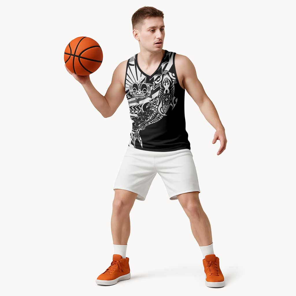 Black White Marquesas Islands Basketball Jersey Marquesan Matatiki Hammerhead Shark Patutiki - Polynesian Pride