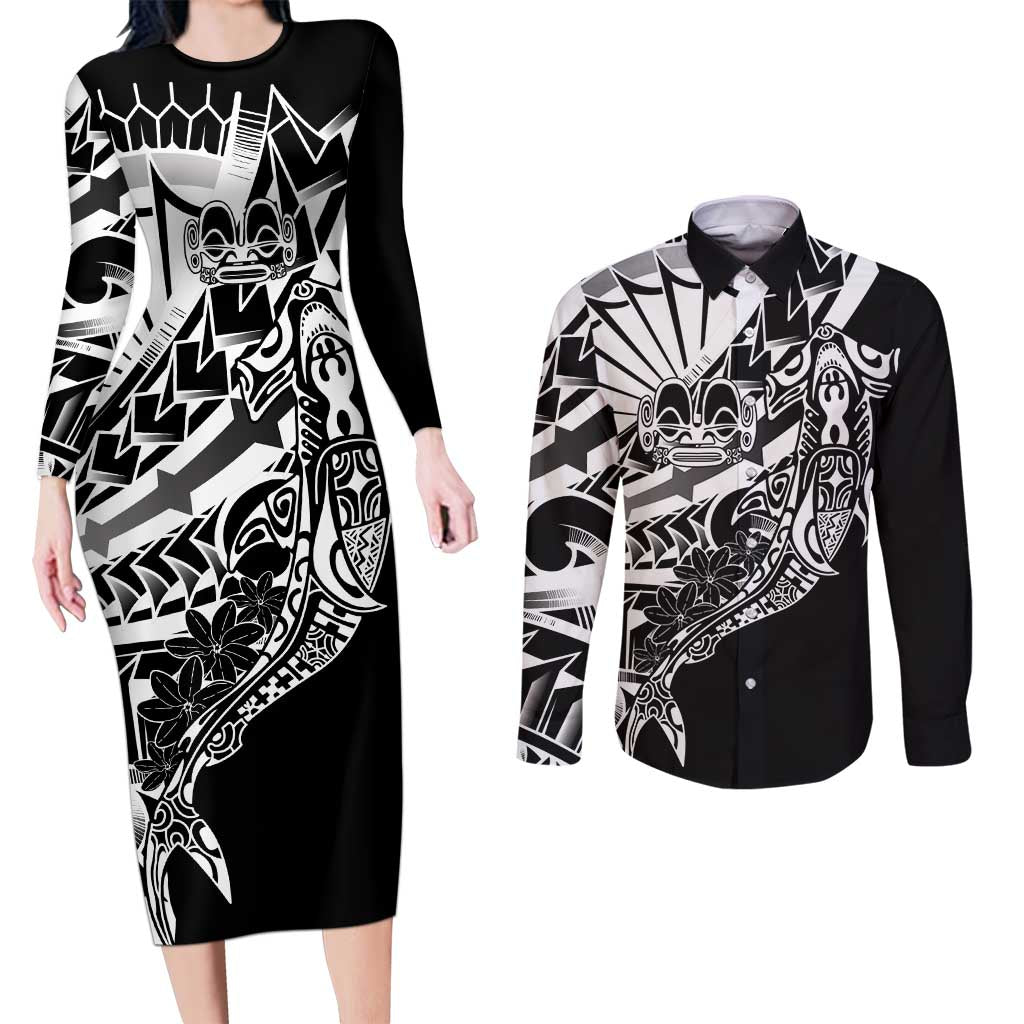 Black White Marquesas Islands Couples Matching Long Sleeve Bodycon Dress and Long Sleeve Button Shirt Marquesan Matatiki Hammerhead Shark Patutiki - Polynesian Pride