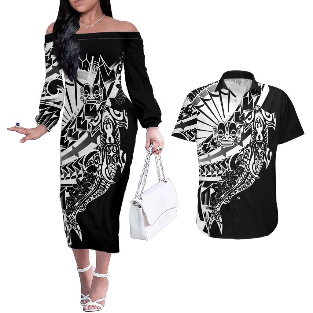 Black White Marquesas Islands Couples Matching Off The Shoulder Long Sleeve Dress and Hawaiian Shirt Marquesan Matatiki Hammerhead Shark Patutiki LT14 Black - Polynesian Pride