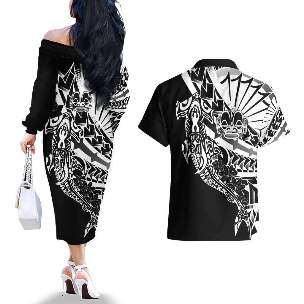 Black White Marquesas Islands Couples Matching Off The Shoulder Long Sleeve Dress and Hawaiian Shirt Marquesan Matatiki Hammerhead Shark Patutiki LT14 - Polynesian Pride