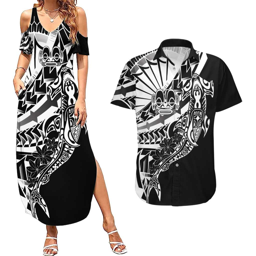 Black White Marquesas Islands Couples Matching Summer Maxi Dress and Hawaiian Shirt Marquesan Matatiki Hammerhead Shark Patutiki - Polynesian Pride