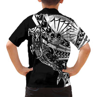 Black White Marquesas Islands Family Matching Long Sleeve Bodycon Dress and Hawaiian Shirt Marquesan Matatiki Hammerhead Shark Patutiki LT14 - Polynesian Pride
