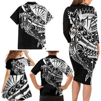 Black White Marquesas Islands Family Matching Long Sleeve Bodycon Dress and Hawaiian Shirt Marquesan Matatiki Hammerhead Shark Patutiki LT14 - Polynesian Pride