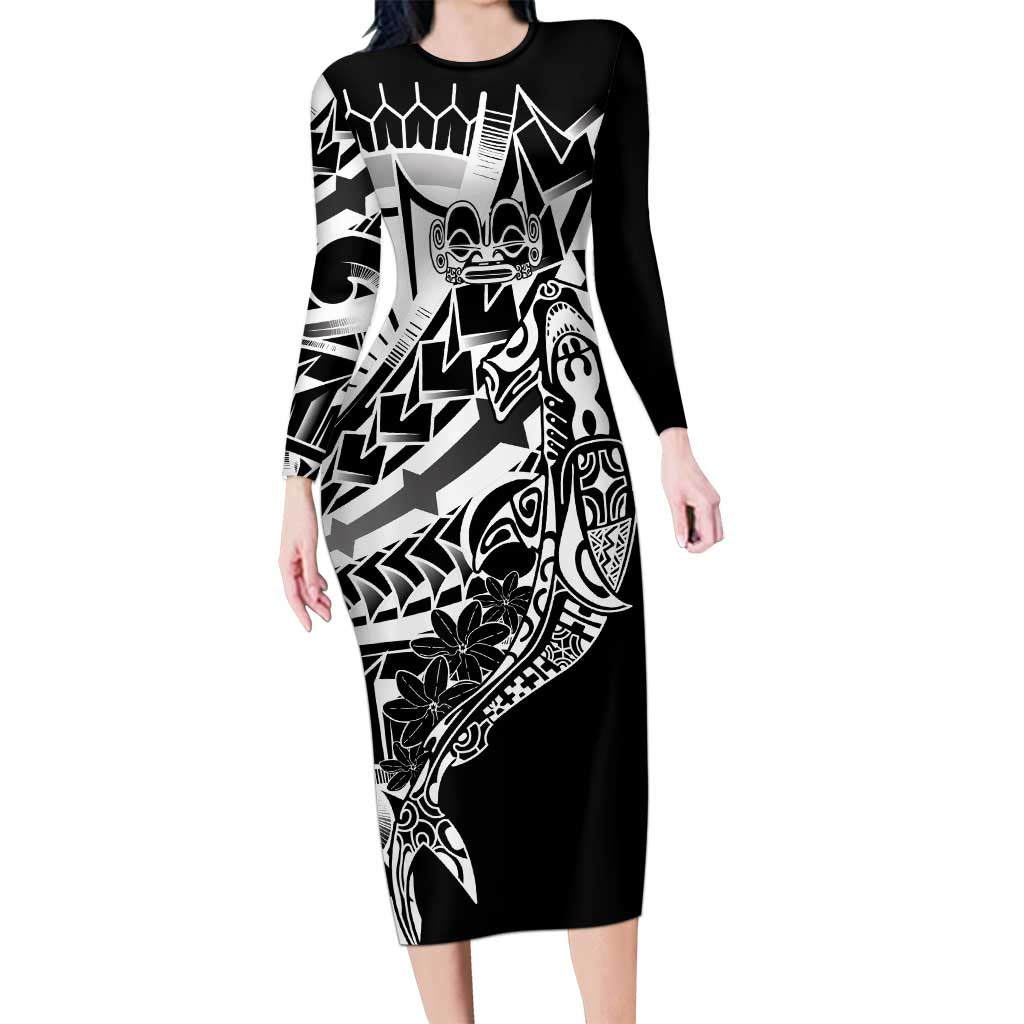 Black White Marquesas Islands Family Matching Long Sleeve Bodycon Dress and Hawaiian Shirt Marquesan Matatiki Hammerhead Shark Patutiki LT14 Mom's Dress Black - Polynesian Pride
