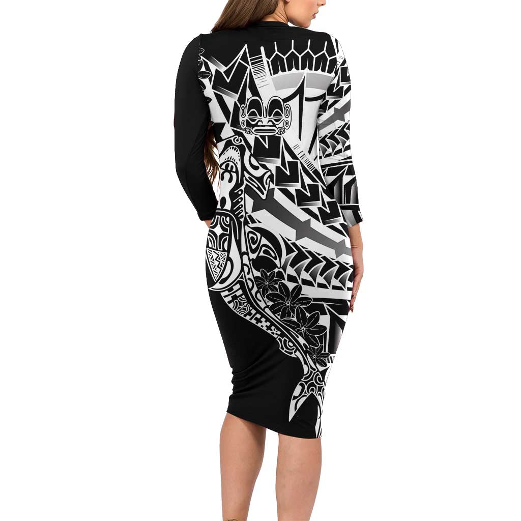 Black White Marquesas Islands Family Matching Long Sleeve Bodycon Dress and Hawaiian Shirt Marquesan Matatiki Hammerhead Shark Patutiki LT14 - Polynesian Pride