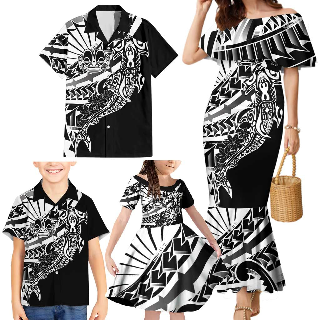 Black White Marquesas Islands Family Matching Mermaid Dress and Hawaiian Shirt Marquesan Matatiki Hammerhead Shark Patutiki LT14 - Polynesian Pride