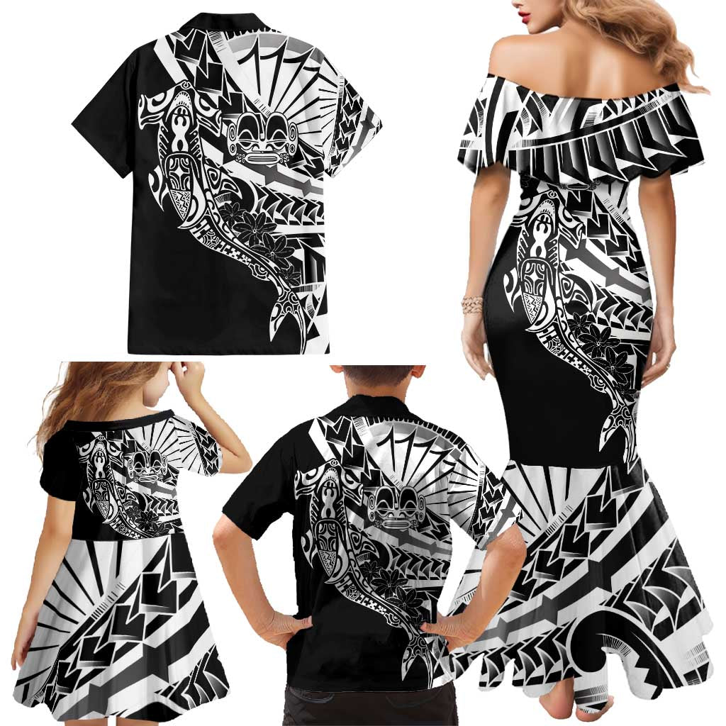 Black White Marquesas Islands Family Matching Mermaid Dress and Hawaiian Shirt Marquesan Matatiki Hammerhead Shark Patutiki LT14 - Polynesian Pride
