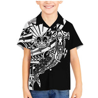 Black White Marquesas Islands Family Matching Mermaid Dress and Hawaiian Shirt Marquesan Matatiki Hammerhead Shark Patutiki LT14 Son's Shirt Black - Polynesian Pride